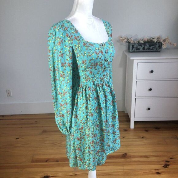 Chelsea & Violet Small Long Sleeve Aqua Cottage Core Dress Prairie Floral Mini - Picture 8 of 12